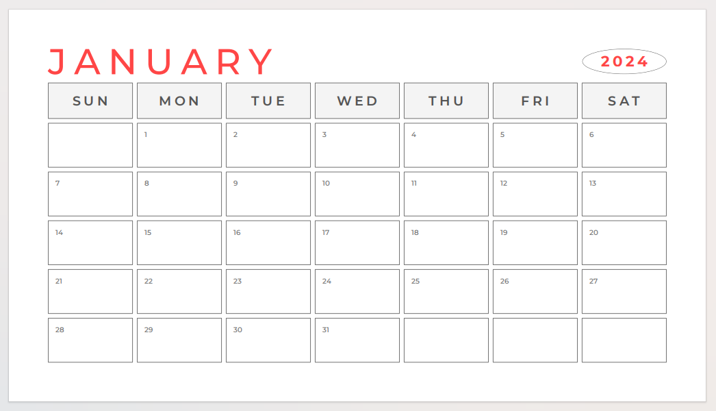 A monthly of Calendar Templates. | This template is similar to the first one, but the month and year are highlighted in red to symbolize the celebration of the New Year.